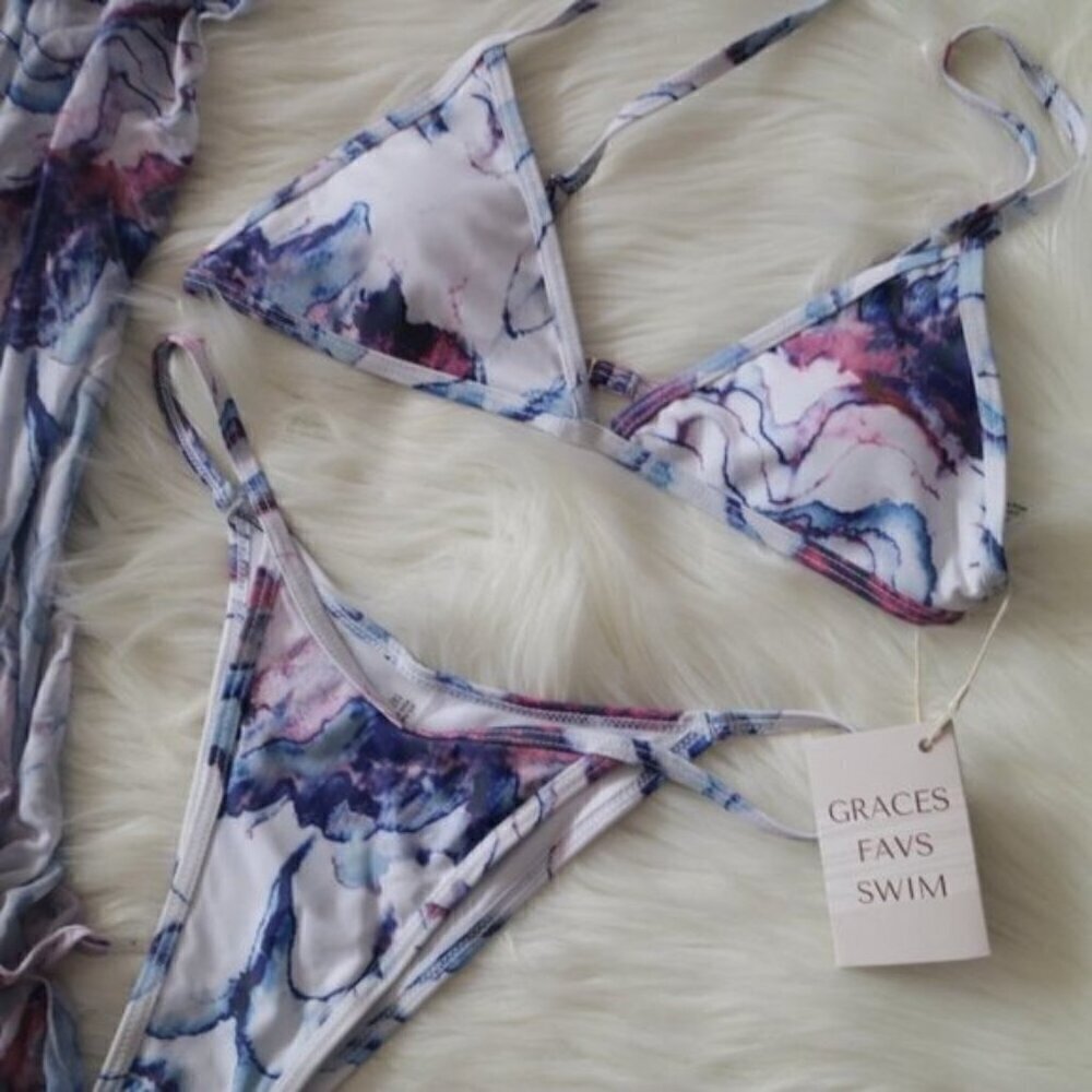 NEW Blue White Purple 3 Piece Marble Watercolor Sexy Bikini Set Size Large - Picture 3 of 7